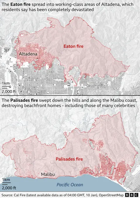 Two maps showing the extent of the Palisades and Eaton fires and the buildings already in the areas that have burnt