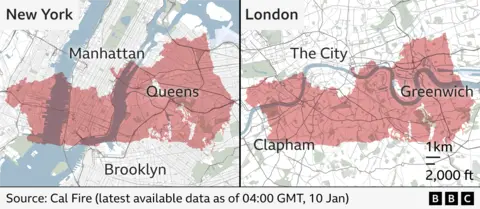 Maps showing the size of the Palisades fire, as of 20:00 PST, 9 January, (04:00 GMT, 10 January) when superimposed on to maps of New York, on the left, and London, on the right. It is comparable in size with an area stretching from Clapham to Greenwich in the UK's capital, or with large areas of lower Manhattan and Queens
